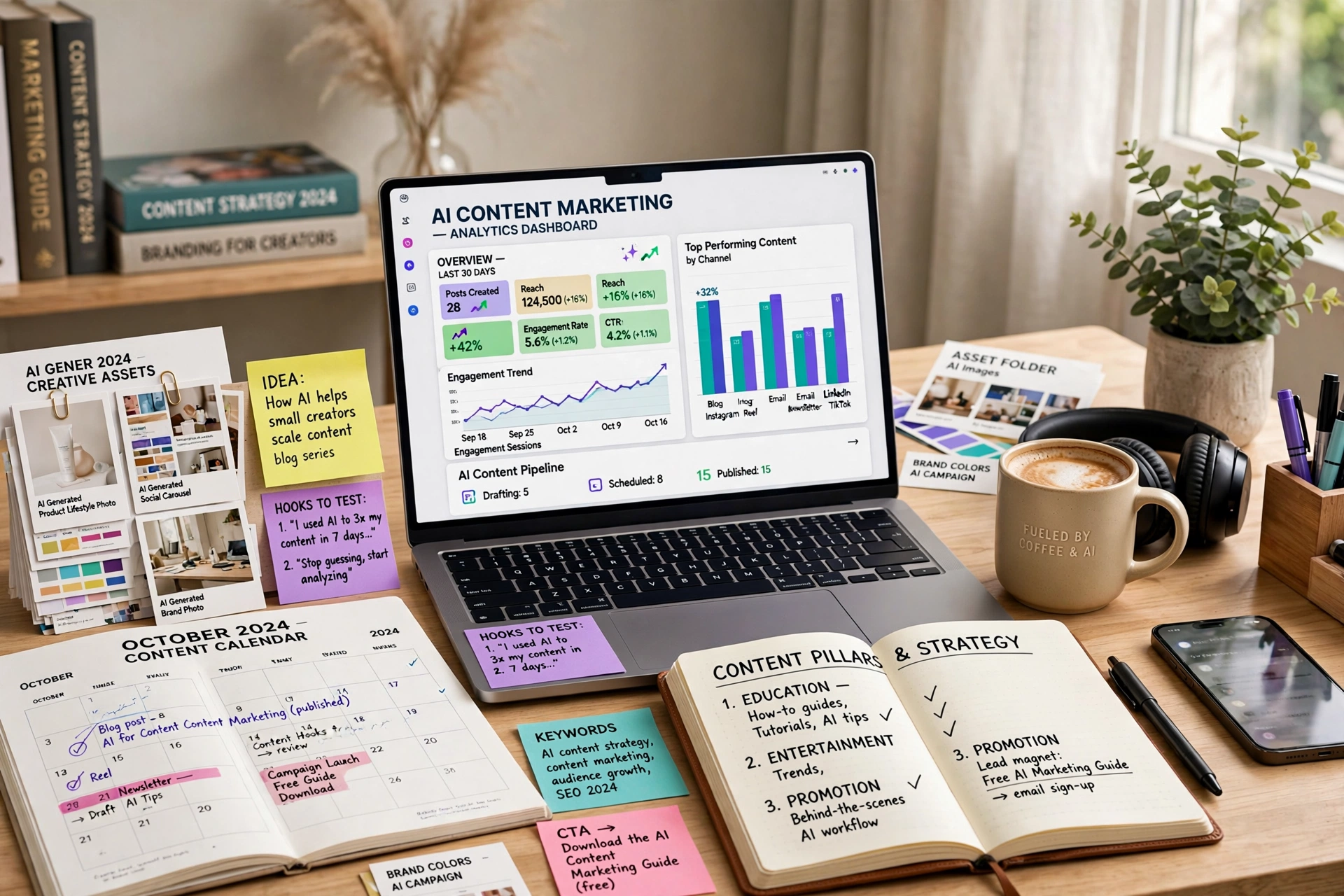A content creator workspace with laptop showing analytics dashboard, calendar, and creative assets in full color