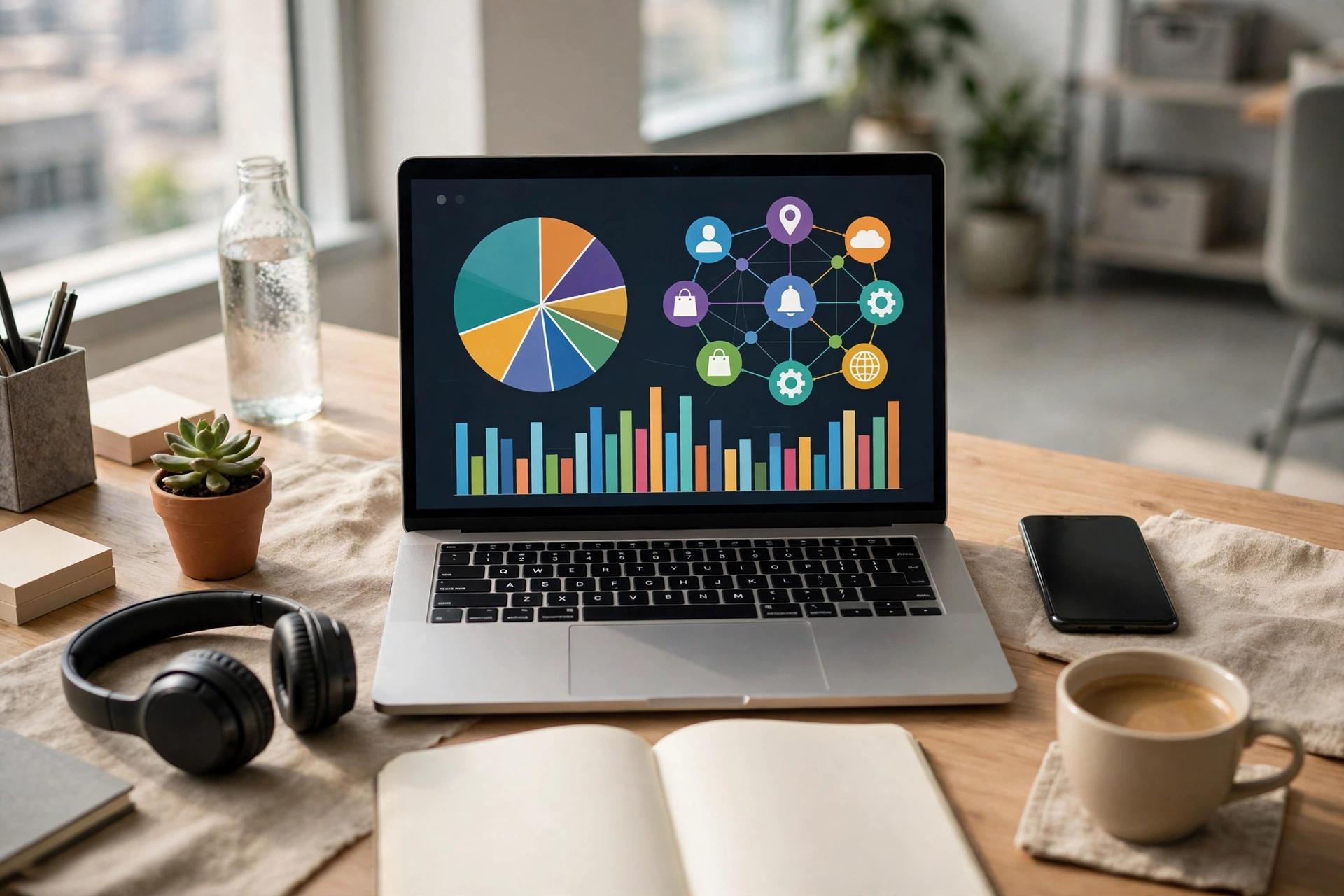 Colorful digital illustration of a marketing workflow with email, social media, and analytics panels connected by glowing lines