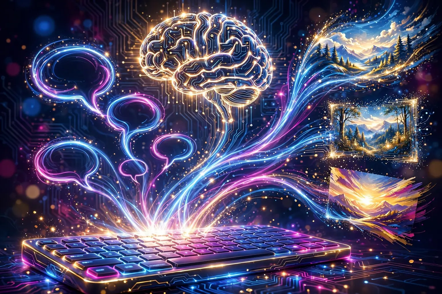 Full color illustration of a glowing keyboard with light trails forming speech bubbles and a glowing brain circuit, ideas flowing from typed prompts into images