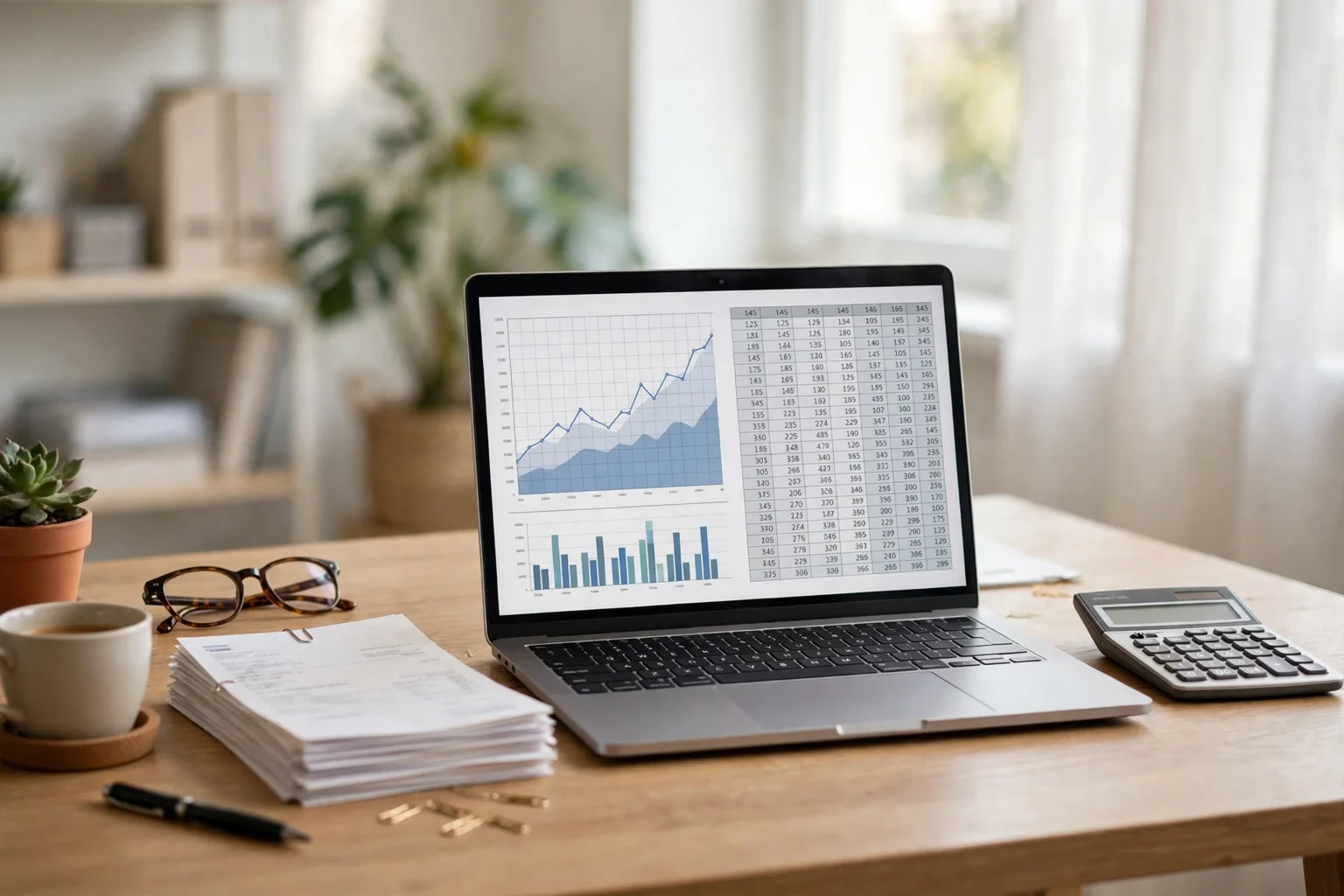 A colorful editorial scene showing an accountant at a bright desk reviewing invoices and a laptop screen with charts, with paper receipts and a notebook nearby