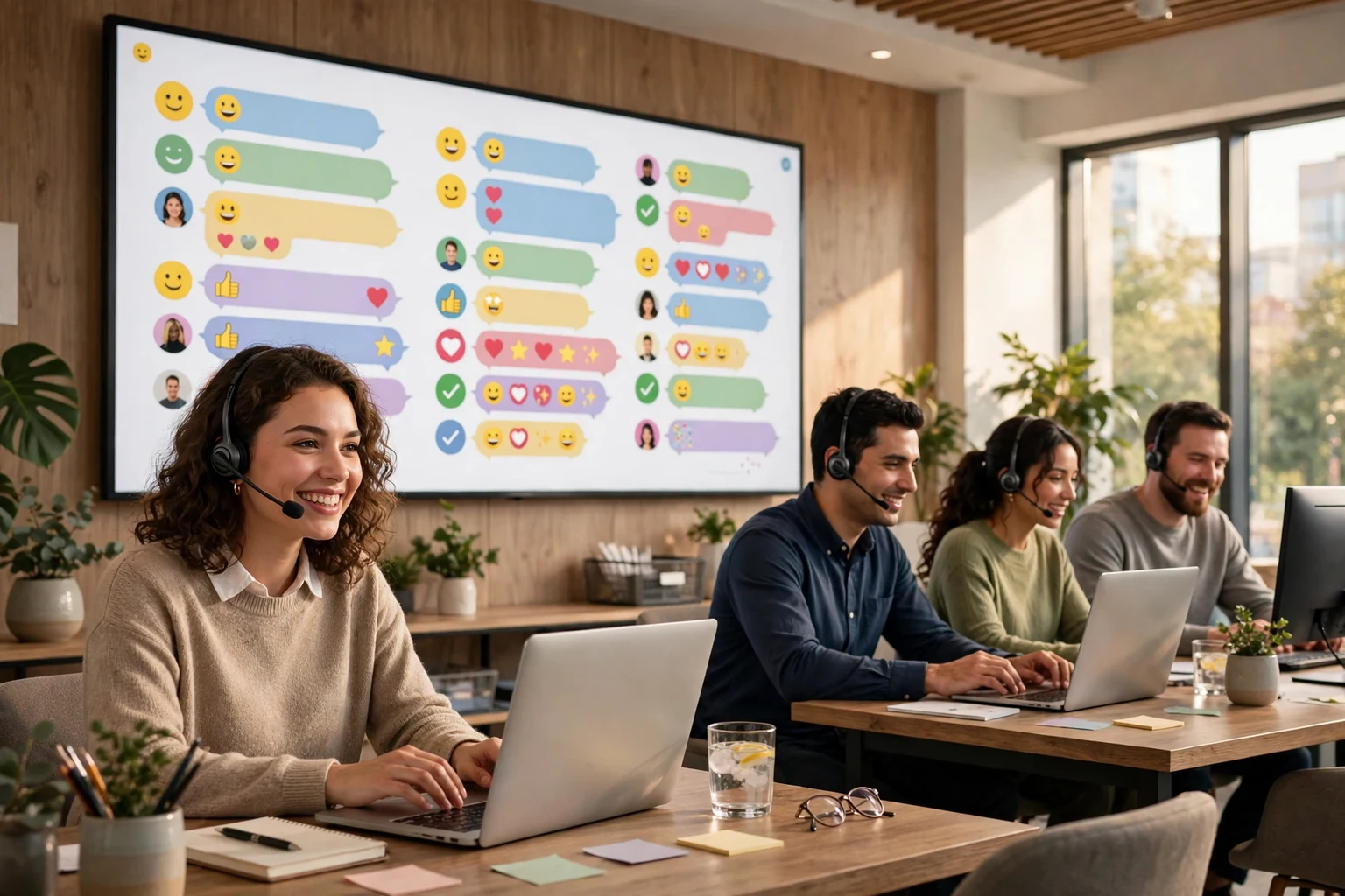 A colorful editorial scene showing a support team at work, with agents at bright desks, a large chat inbox on screen, and a warm helpful tone