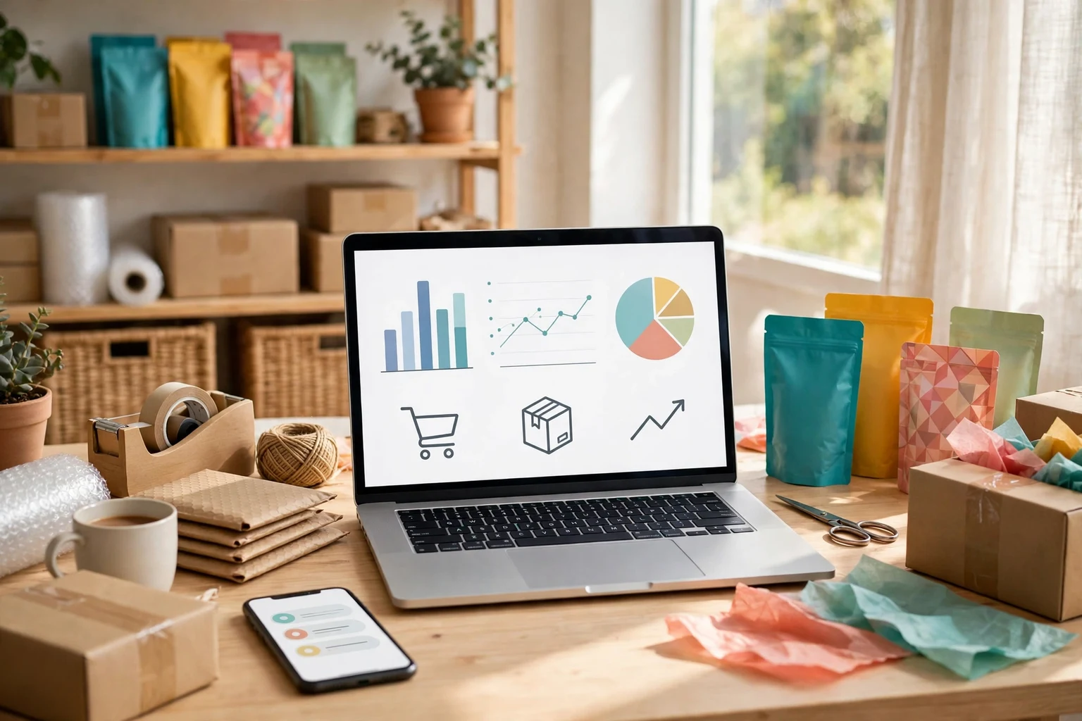 A colorful editorial scene of a small online store team packing orders beside a laptop showing product photos and a sales dashboard