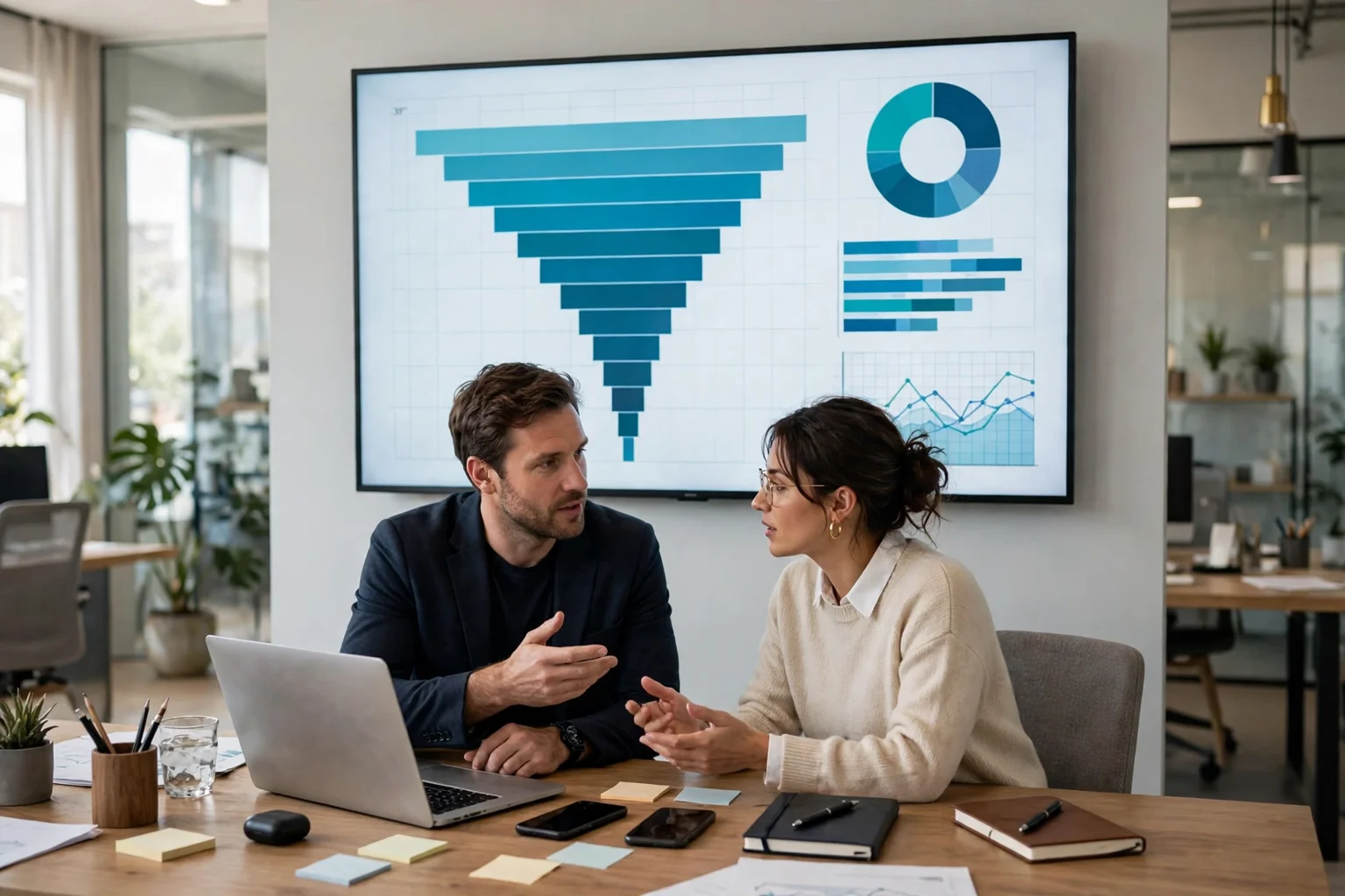 A colorful editorial scene showing a sales team at work, with a rep on a call, a laptop showing a pipeline board, and notes about prospects on a bright desk
