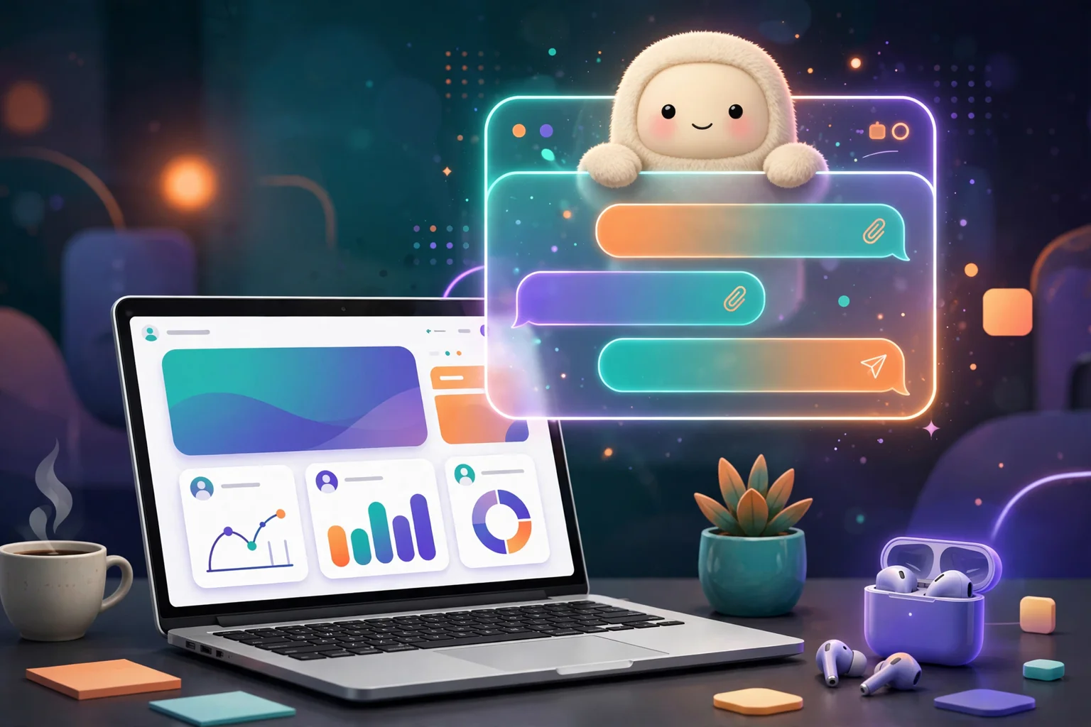 A glowing chat bubble interface floating over a laptop showing a business website, with a friendly robot assistant, in vibrant teal, purple, and orange