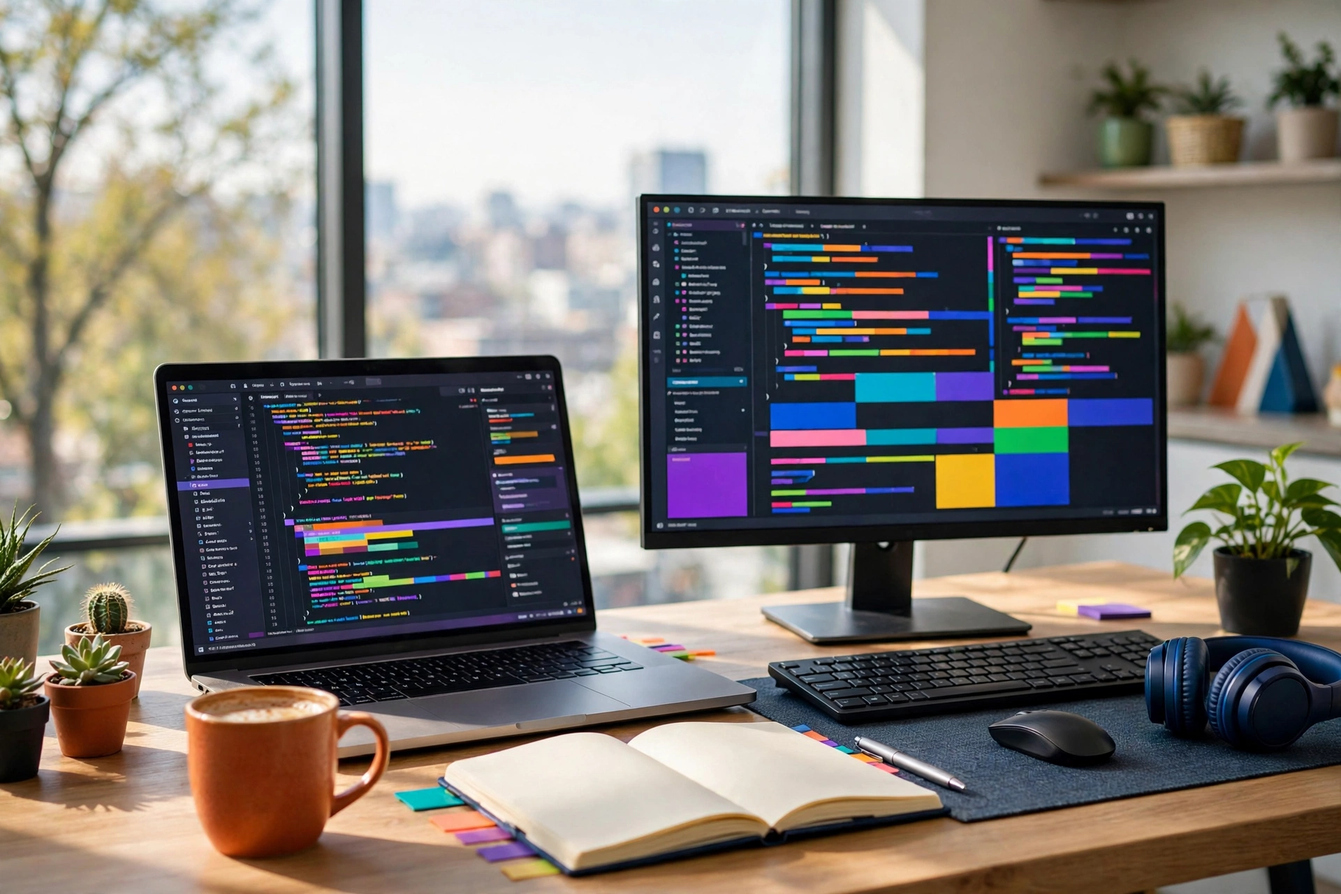 A colorful editorial scene showing a developer desk with glowing code on screens, bright notebooks, and vivid sticky notes in many colors