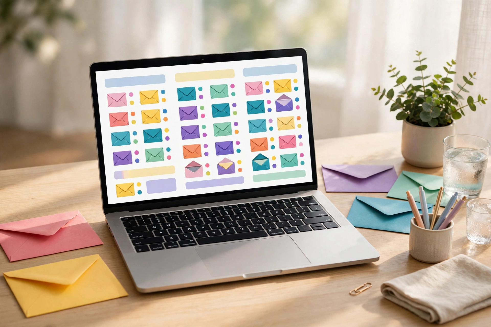 A colorful editorial scene of a bright inbox with glowing envelopes rising above a desk in warm morning light