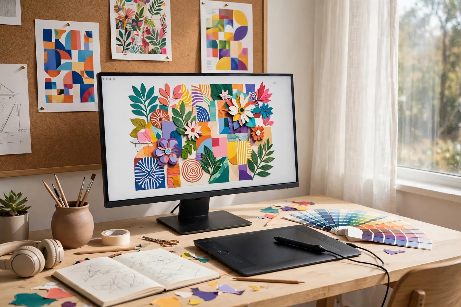 A colorful editorial scene showing a designer desk with bright posters, a laptop open on a bold social media graphic, printed t shirts, color swatches, and a coffee cup in warm daylight