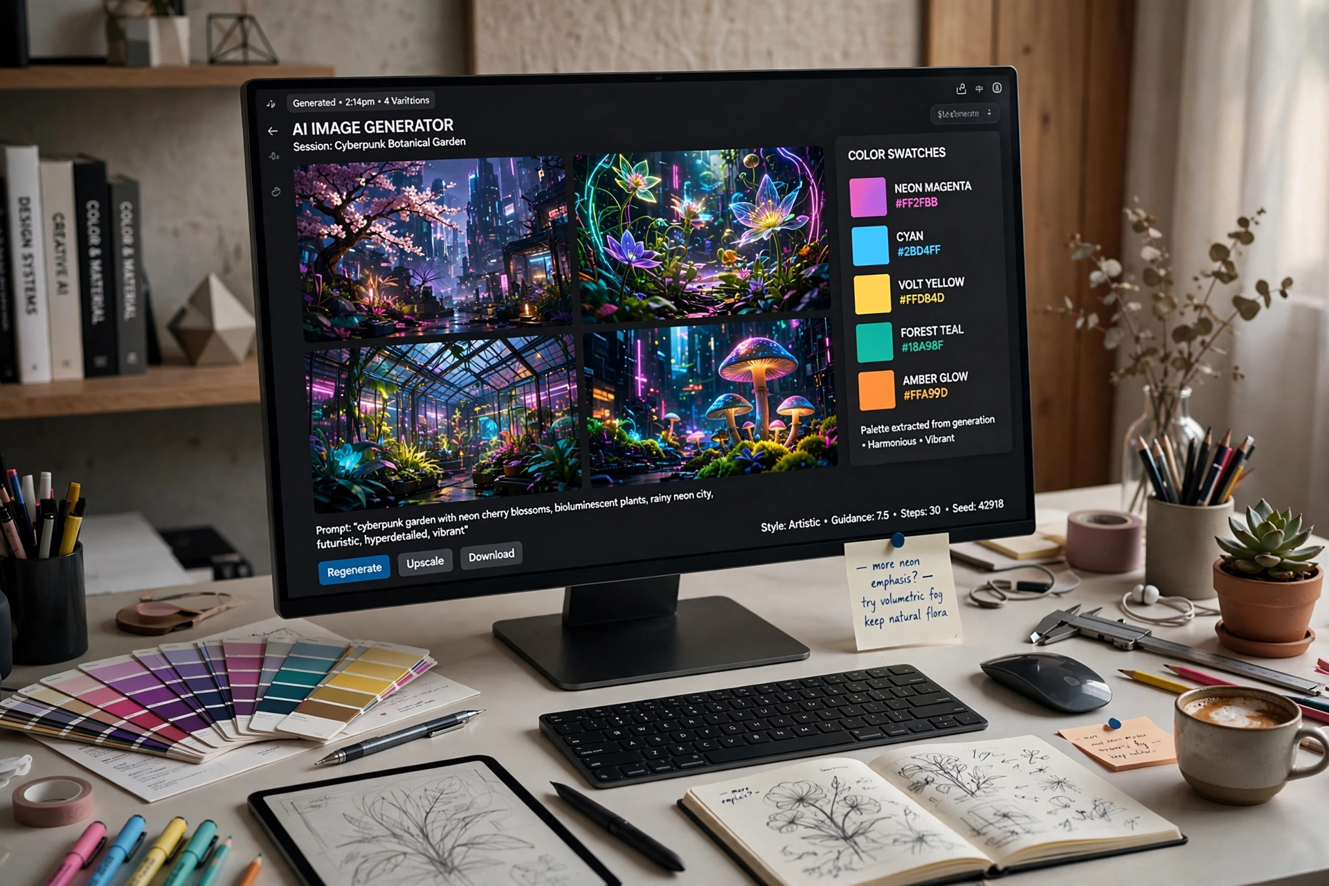 A designer workspace with a large monitor displaying vibrant AI-generated artwork in full color