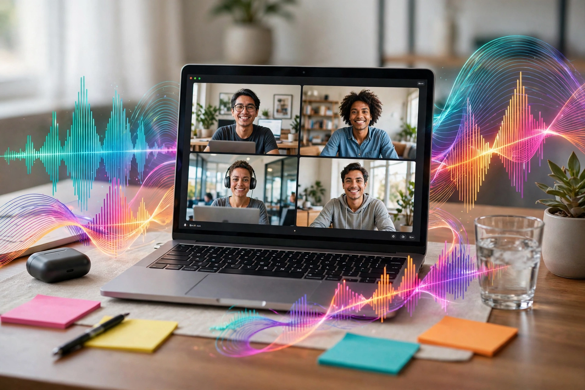 A colorful editorial scene of a video meeting on a large screen with floating notes, action items, and a bright summary panel in a modern office