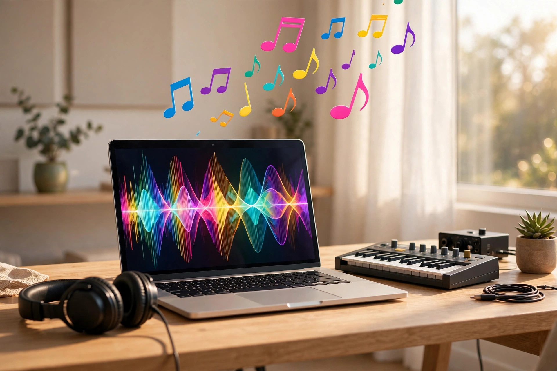 A colorful editorial scene showing a musician at a desk with headphones, a glowing laptop screen full of sound waves, and vivid instruments and vinyl records in bright colors