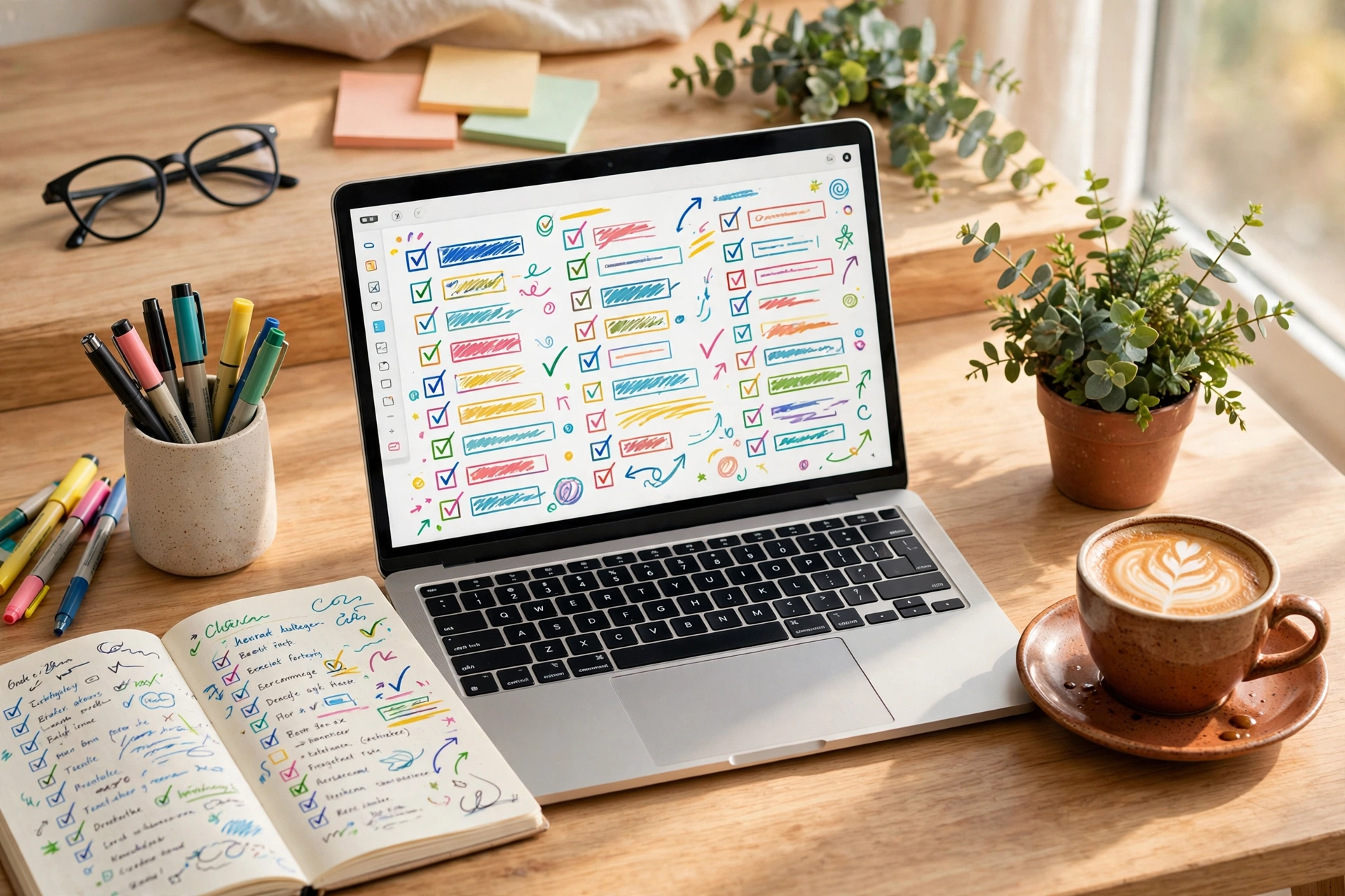 A colorful editorial scene showing open notebooks, a laptop screen full of notes, and bright paper cards in vivid colors