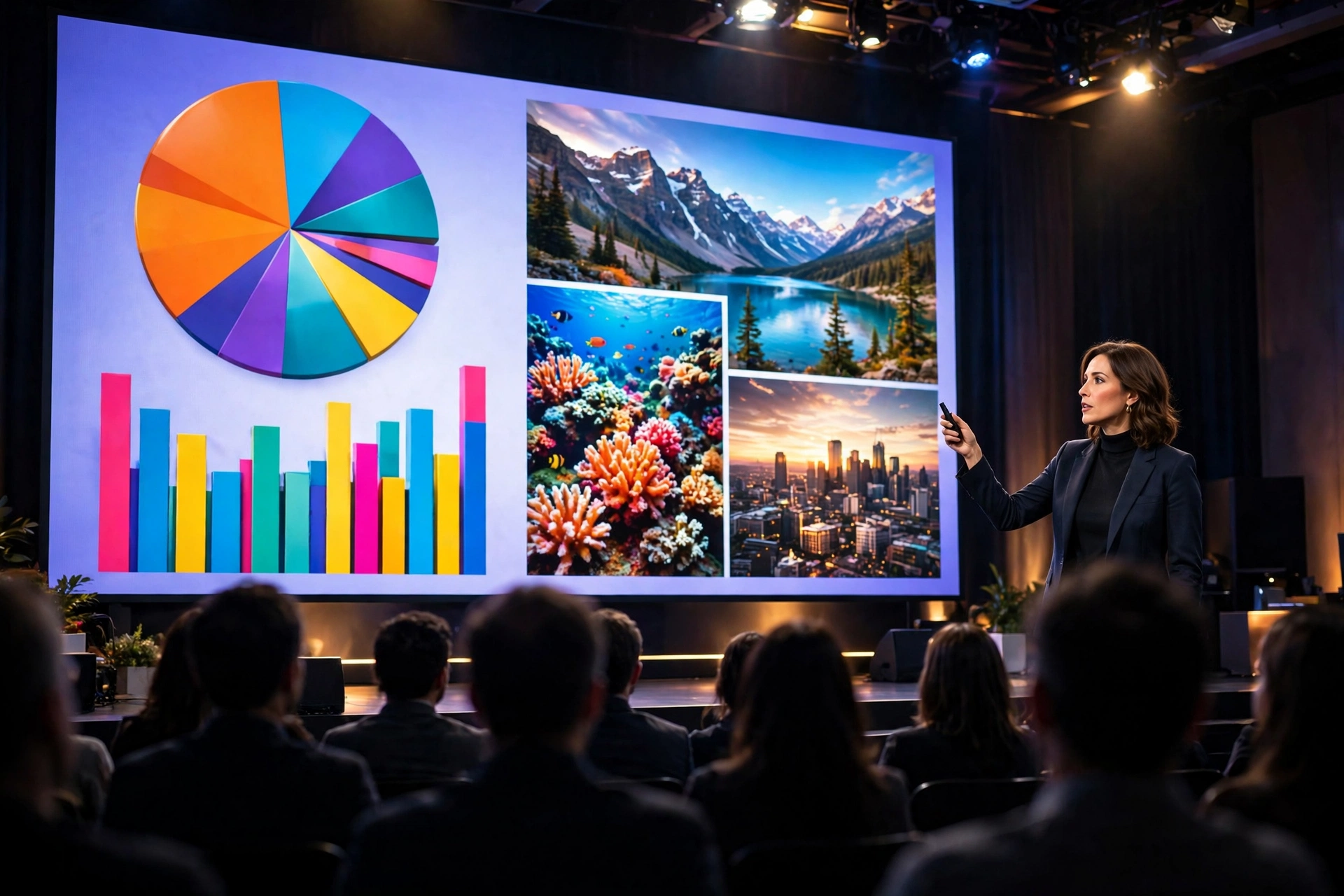 A colorful editorial scene showing a bright presentation deck on a large screen with vivid slides, charts, and a presenter silhouette in full color