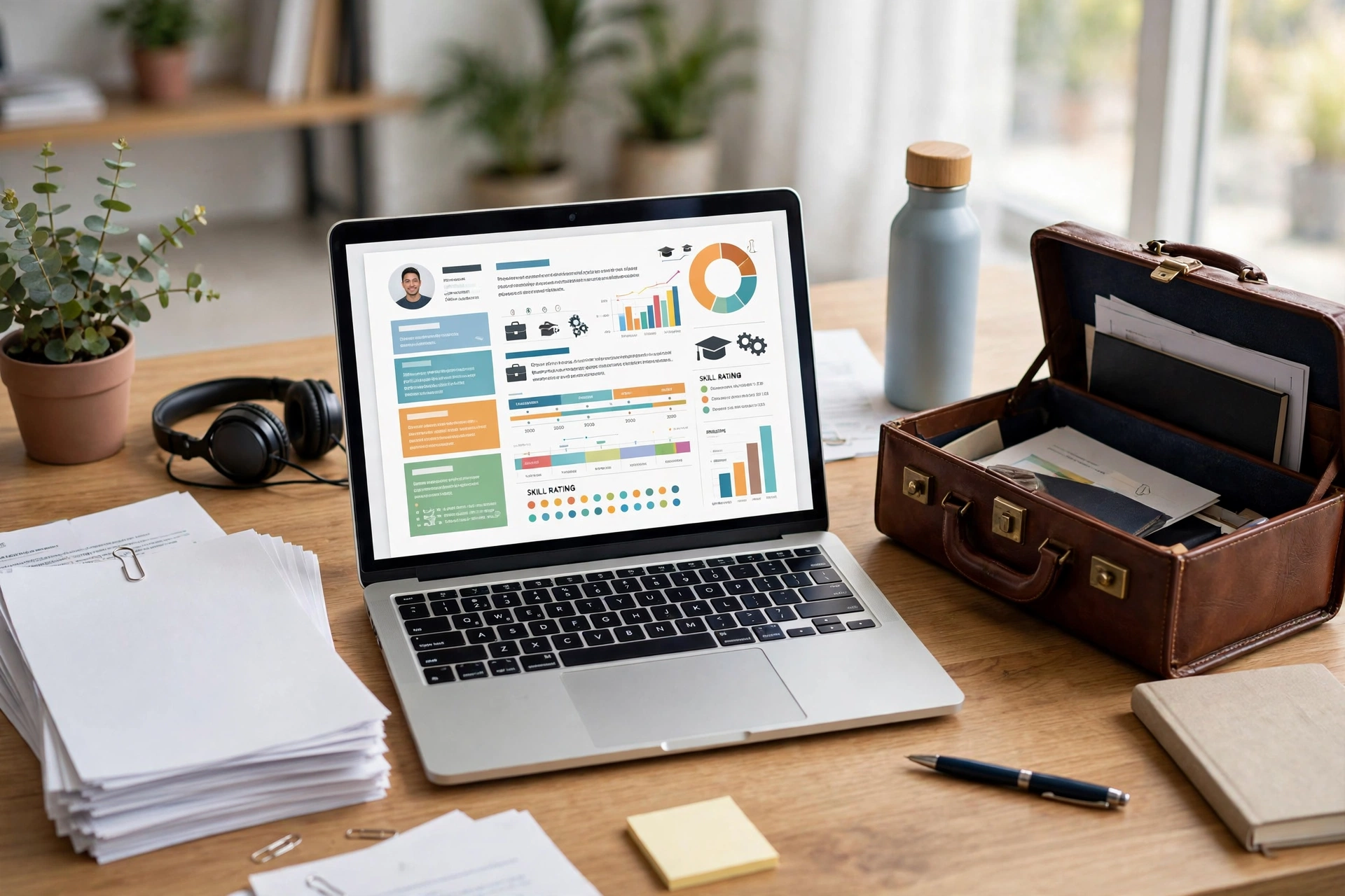 A colorful editorial scene showing a polished resume on a laptop screen with bright charts, pencils, and job application cards in vivid colors