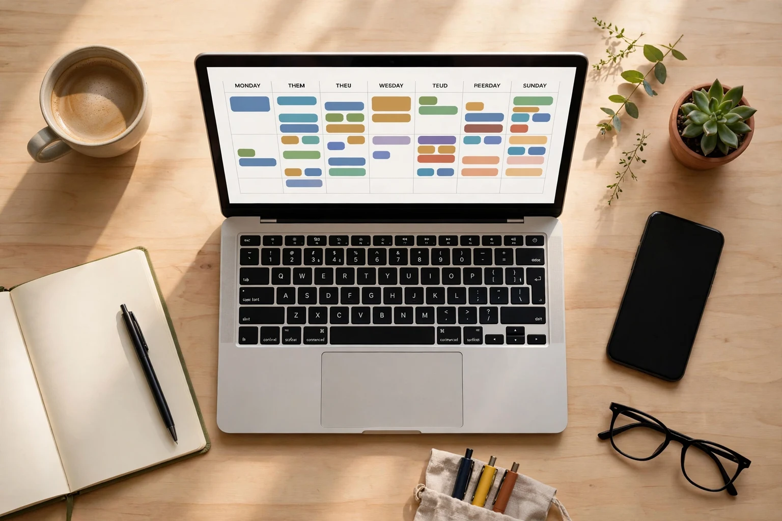 A colorful editorial scene showing a calm workday calendar with bright meeting blocks, a laptop, a coffee cup, and a person planning the week at a sunny desk