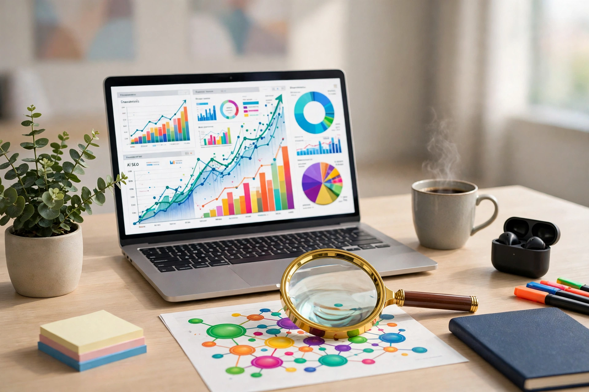 A colorful editorial scene showing a search results page glowing on a laptop screen with bright charts and magnifying glasses in vivid colors