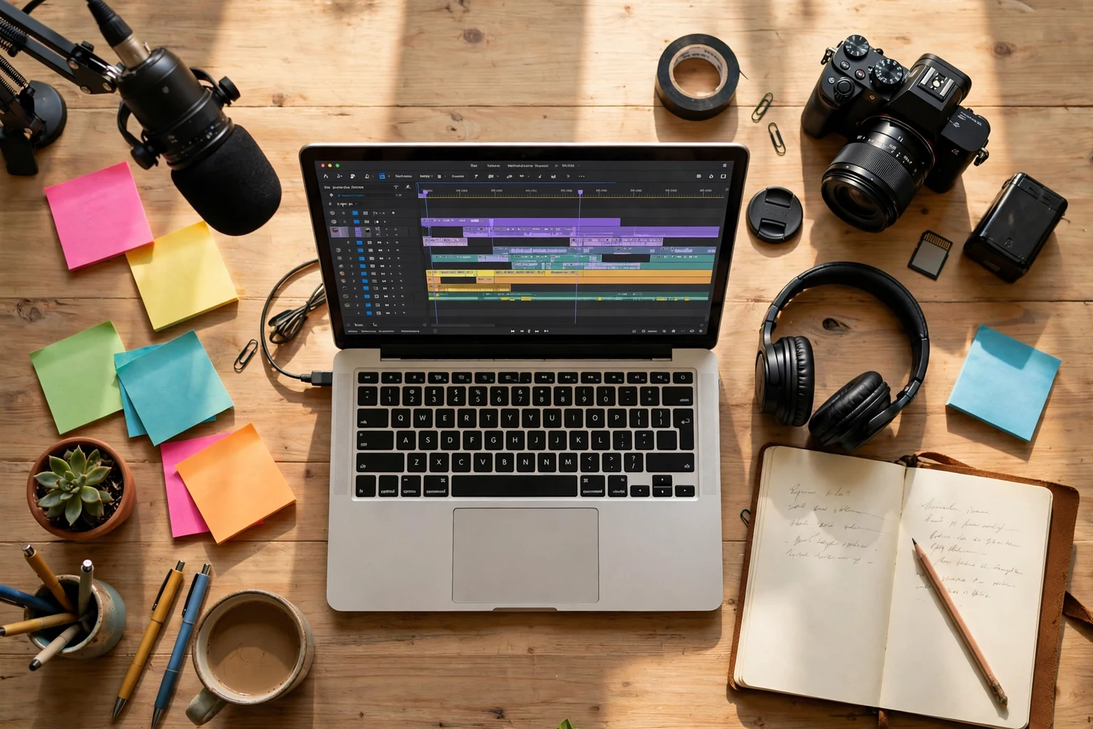 A colorful creator studio desk with a camera, microphone, laptop showing a video timeline, and bright posters on the wall