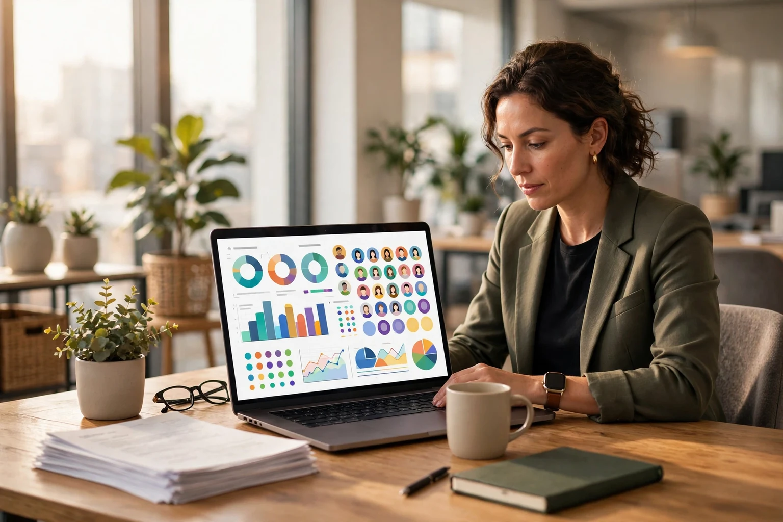 A colorful editorial scene showing a friendly recruiter at a bright desk reviewing candidate profiles on a laptop while a hiring team talks beside large windows in a sunny modern office
