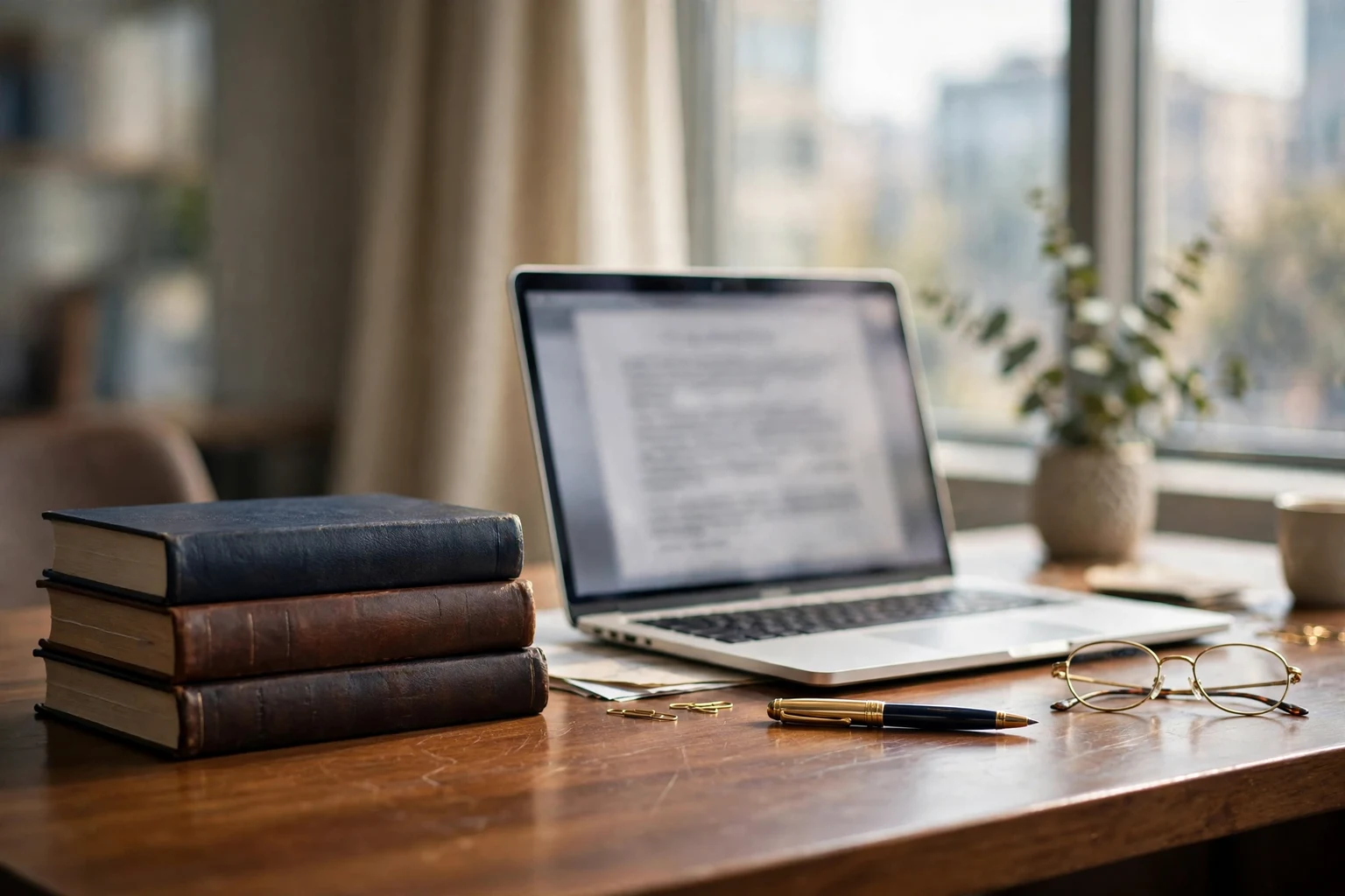 A colorful modern law office desk with legal books, a laptop showing a contract, and warm daylight through a window