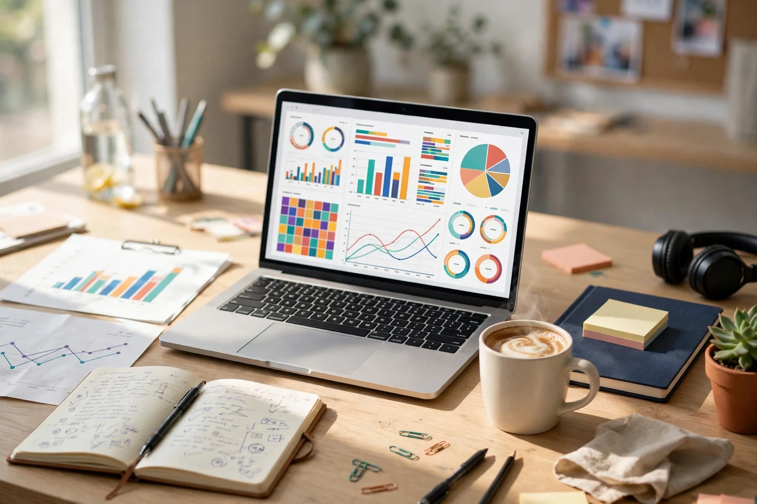 A colorful marketing workspace with a laptop showing campaign charts, sticky notes, and design tools on a desk