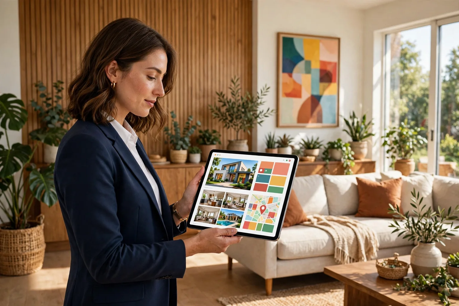 A real estate agent reviewing a home listing on a laptop beside staged living room photos and a phone showing new lead messages