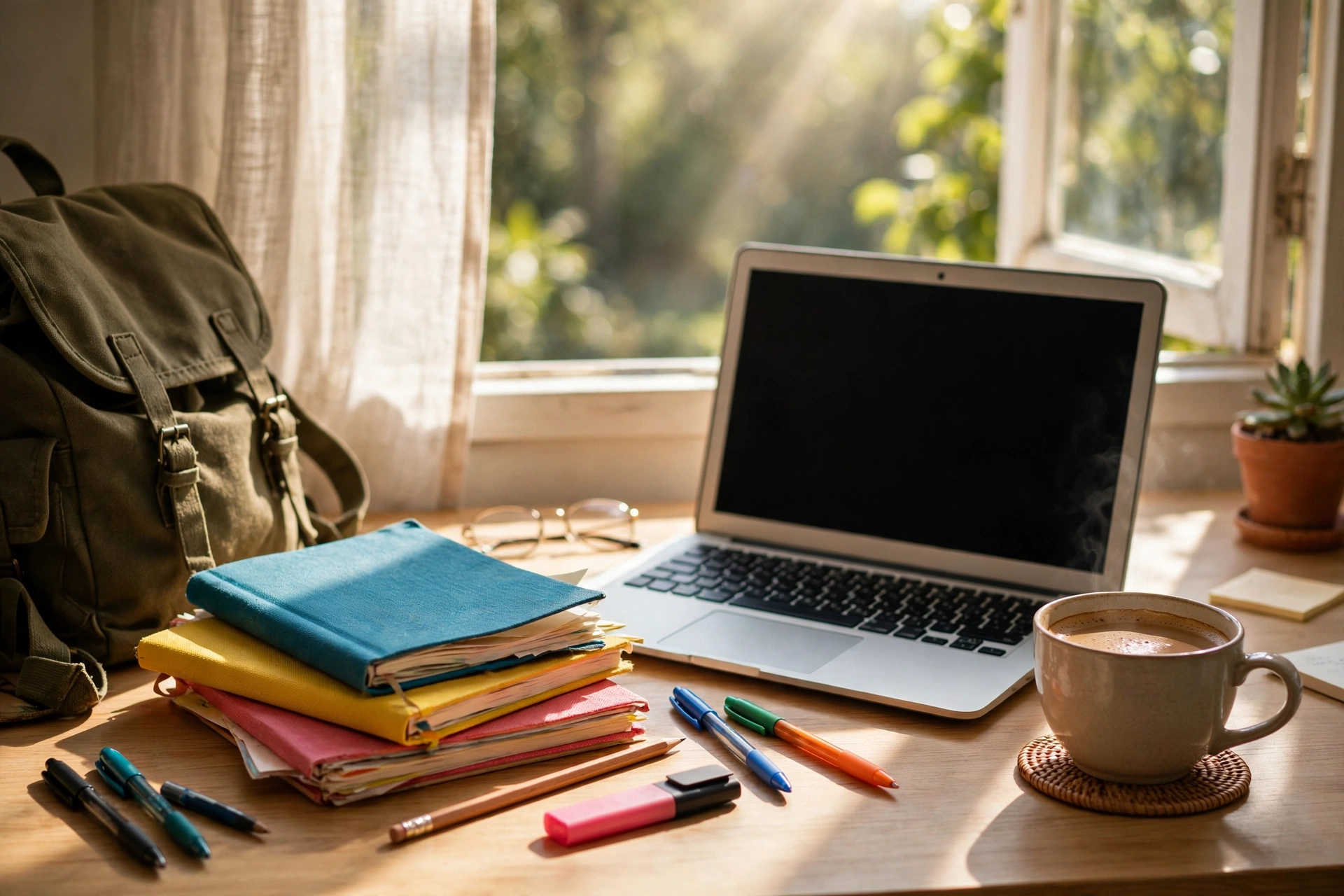 A colorful student desk scene with a laptop showing an AI chat, open notebooks, pens, sticky notes, and study tools in bright daylight