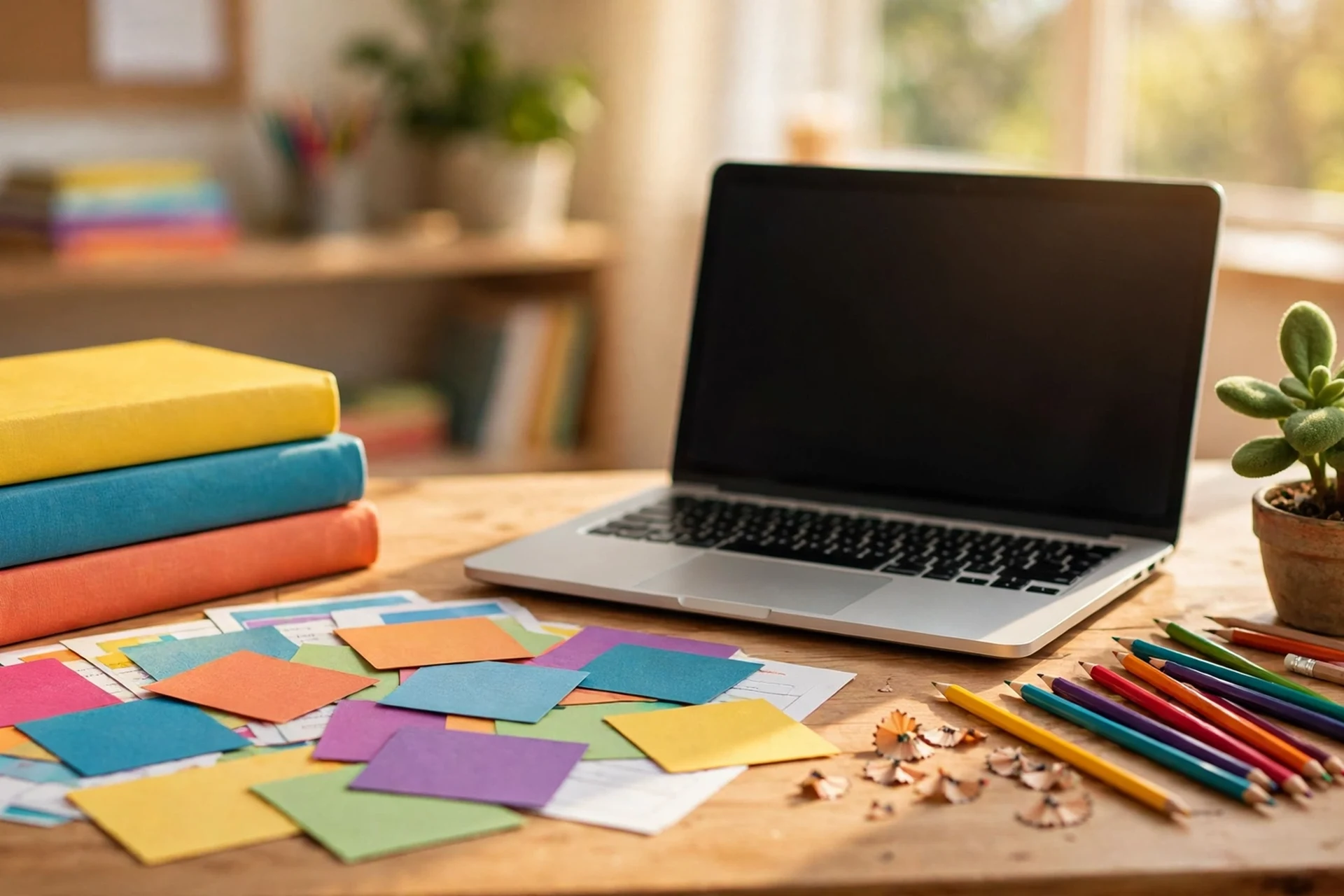 A colorful editorial scene showing a teacher at a bright classroom desk with lesson plans, graded papers, laptops and vivid posters in warm colors