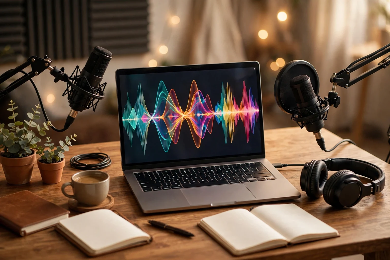 A colorful editorial scene showing a podcast host, a researcher and a meeting room with bright transcript text floating above a laptop, microphones and notebooks on a sunny desk