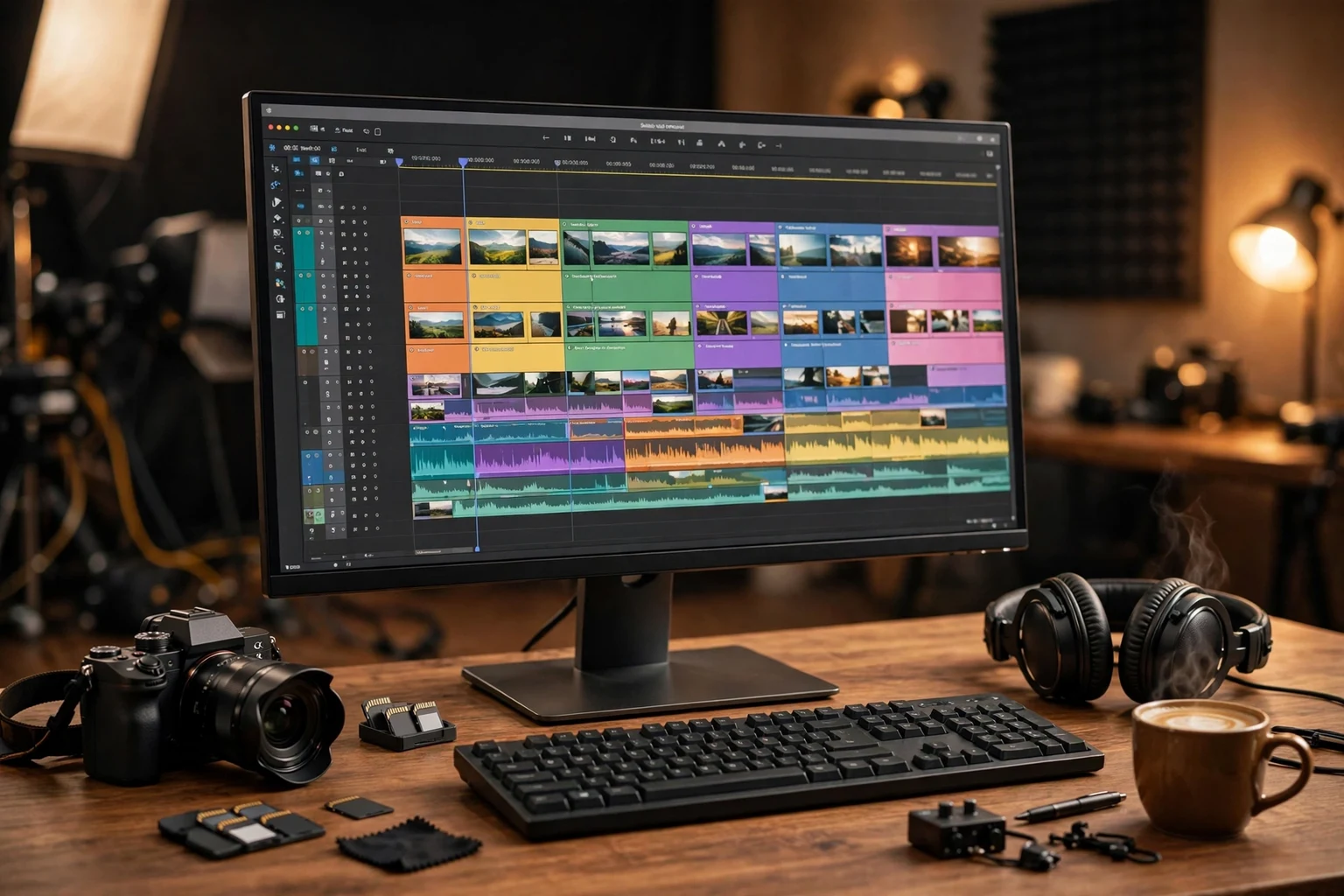 A colorful video editing timeline on a large screen with clips, captions and color controls, showing an editor at work in 2026