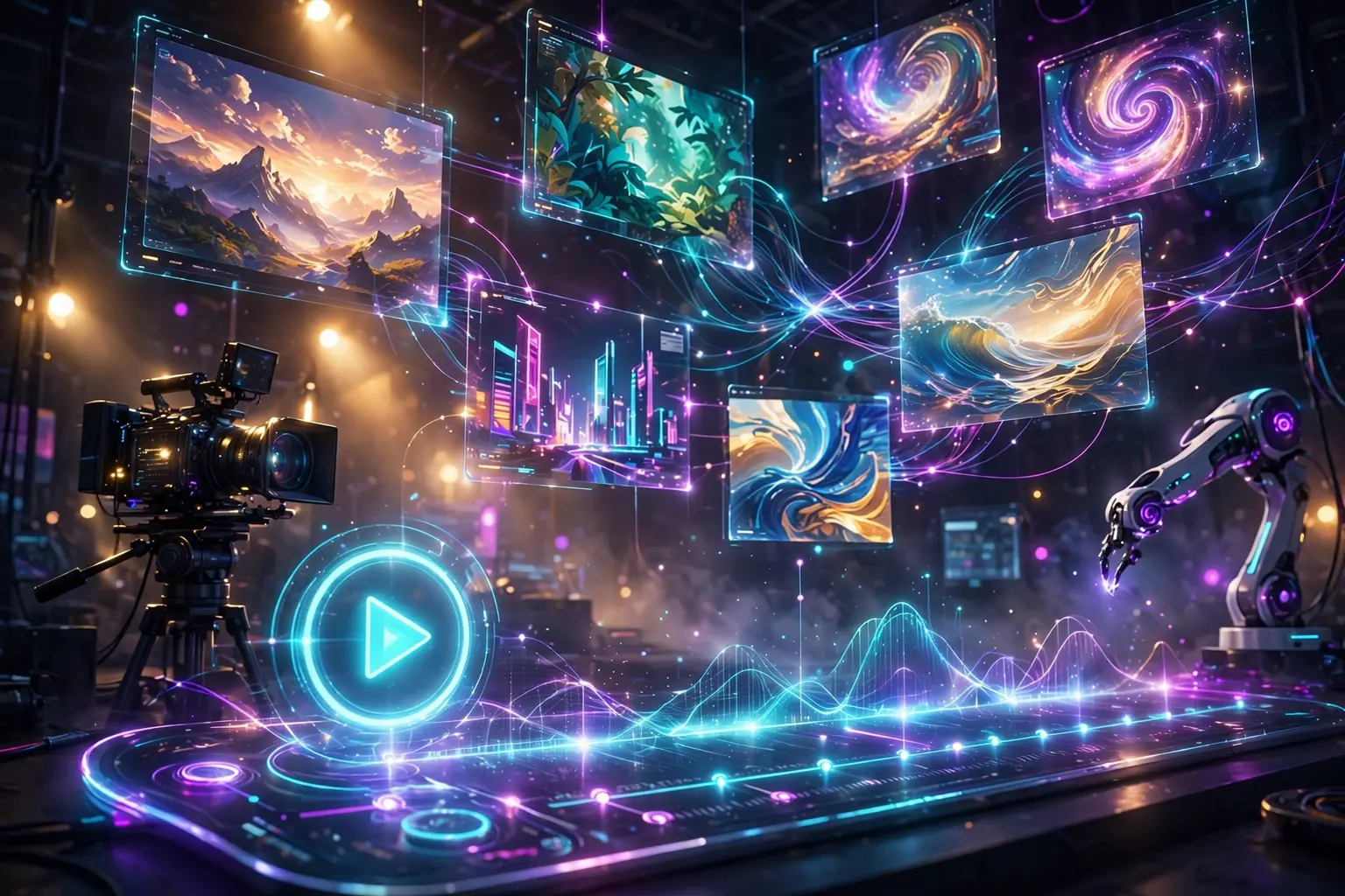 A colorful cinematic illustration of AI video creation with a glowing film timeline, play button, and floating video frames