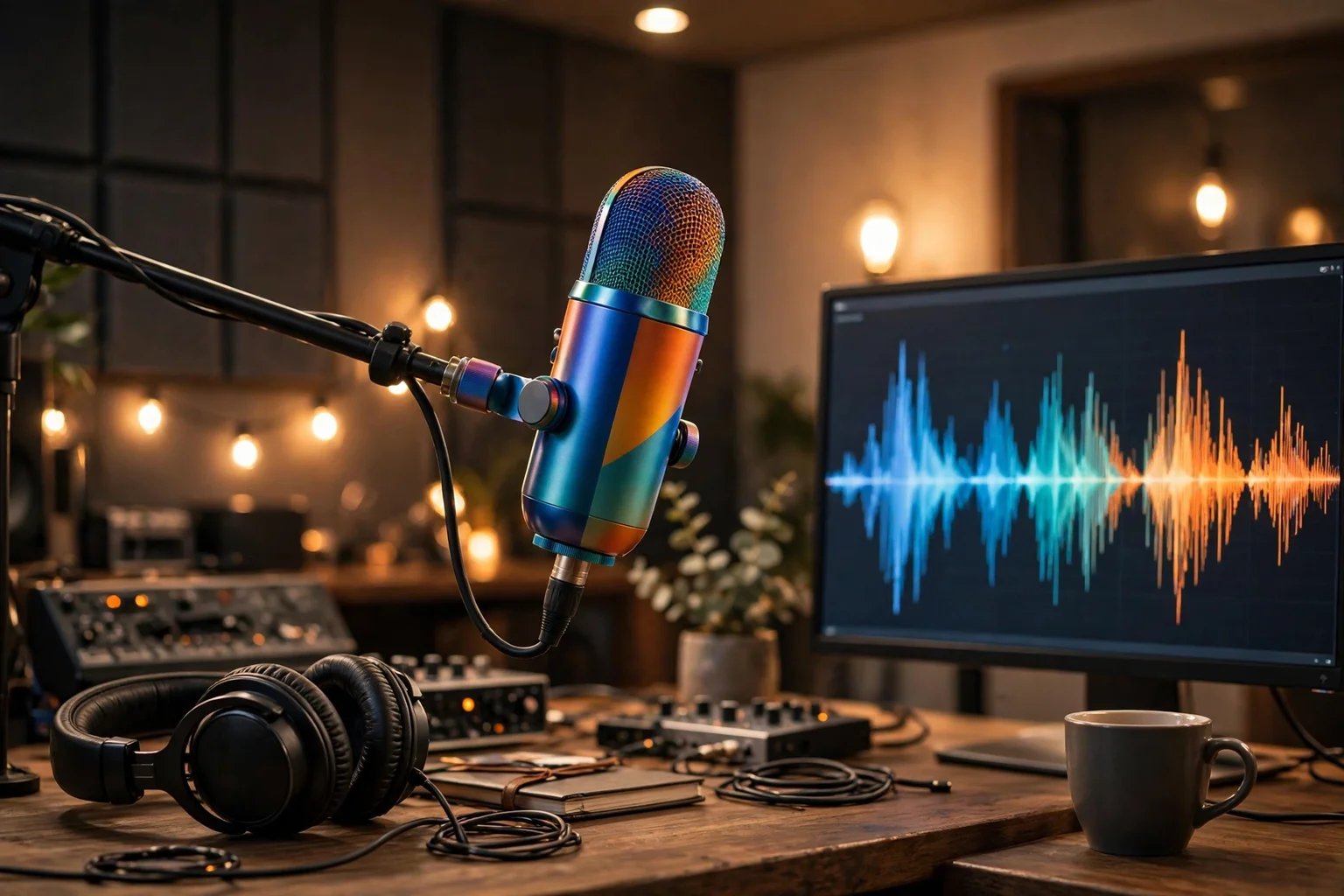 A studio microphone in front of a colorful sound wave display, representing AI voice cloning software tested in 2026