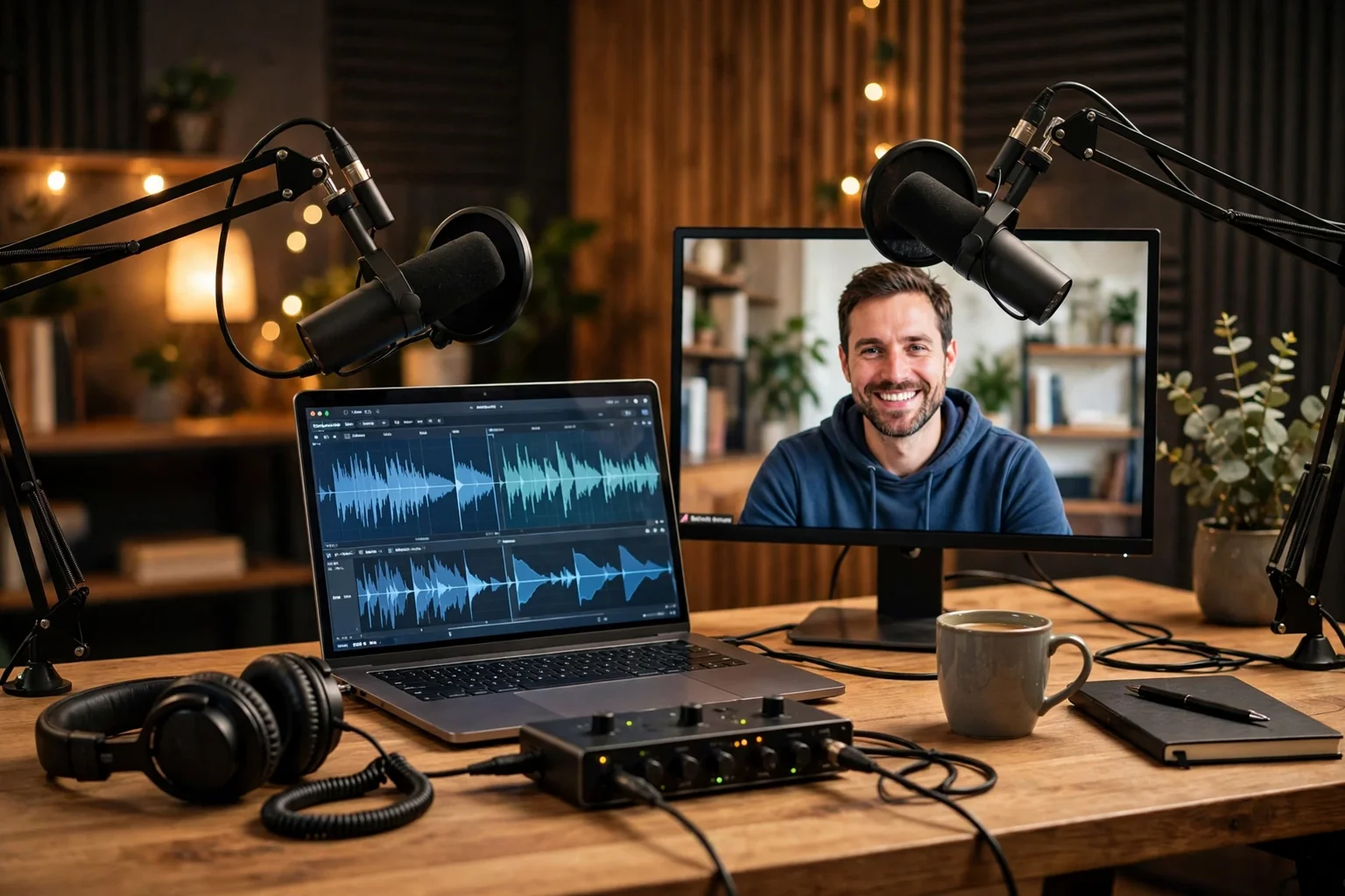 A colorful editorial scene showing a podcast host and a remote guest on separate screens, with microphones, headphones, and a laptop showing a transcript