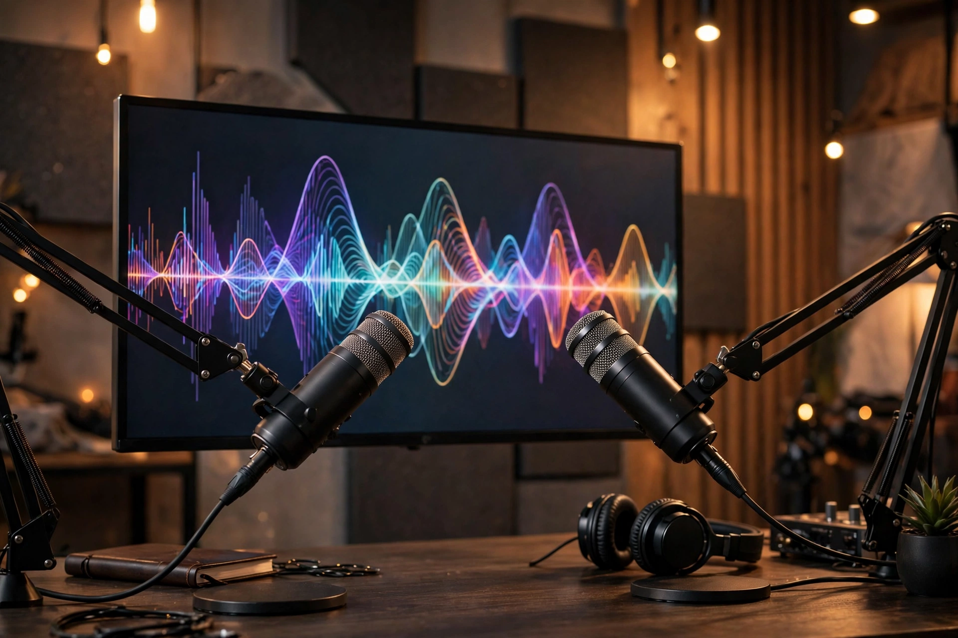 A colorful studio scene with a glowing microphone and a bright voice waveform floating over a dark backdrop