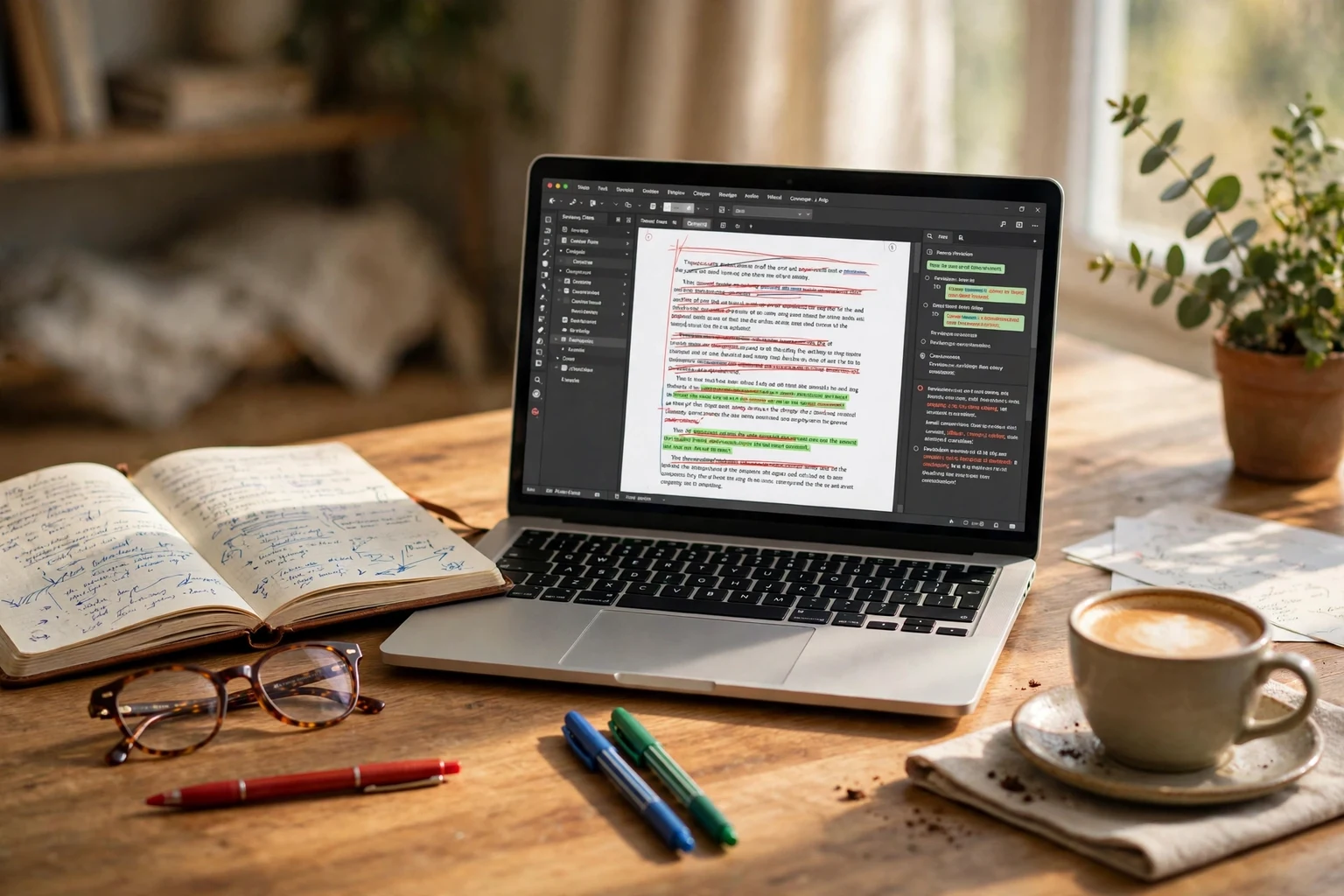 A colorful editorial scene showing two open laptops on a bright desk, one showing a grammar checked document and one showing rewritten paragraphs, with notebooks and a coffee cup