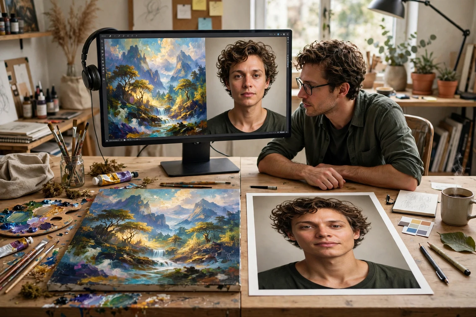 A colorful editorial scene showing two contrasting art styles side by side on a studio wall, with a designer standing between them choosing which direction to use