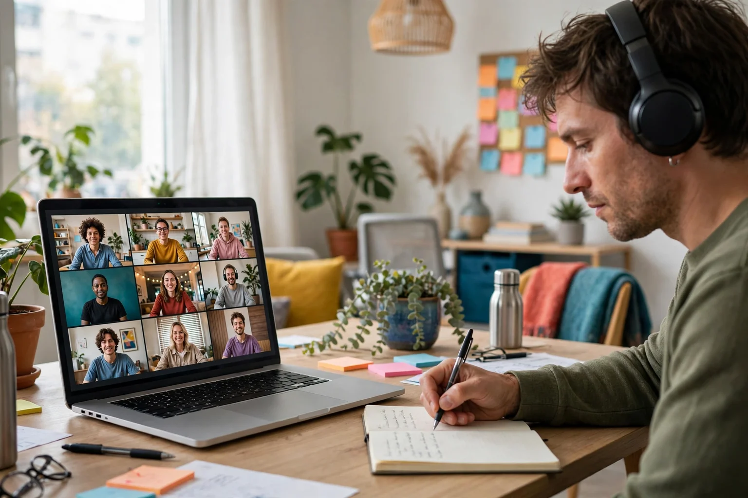 Two meeting transcription tools compared side by side, with a laptop showing a live meeting transcript and a second screen showing meeting notes and action items