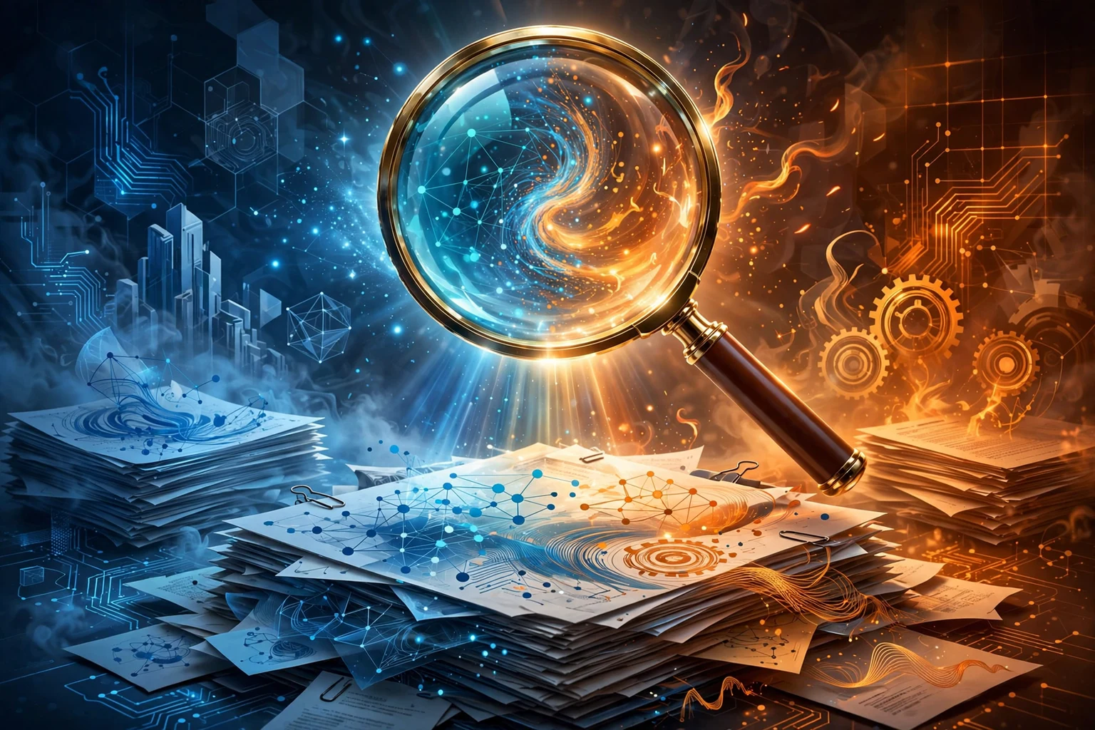 A glowing magnifying glass over stacks of documents and research papers, split between cool blue and warm orange tones, in full color